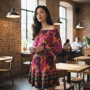 Rachel Rachel Roy 2-Piece Set M Floral Boho Off Shoulder Top & Skirt Rayon Festi